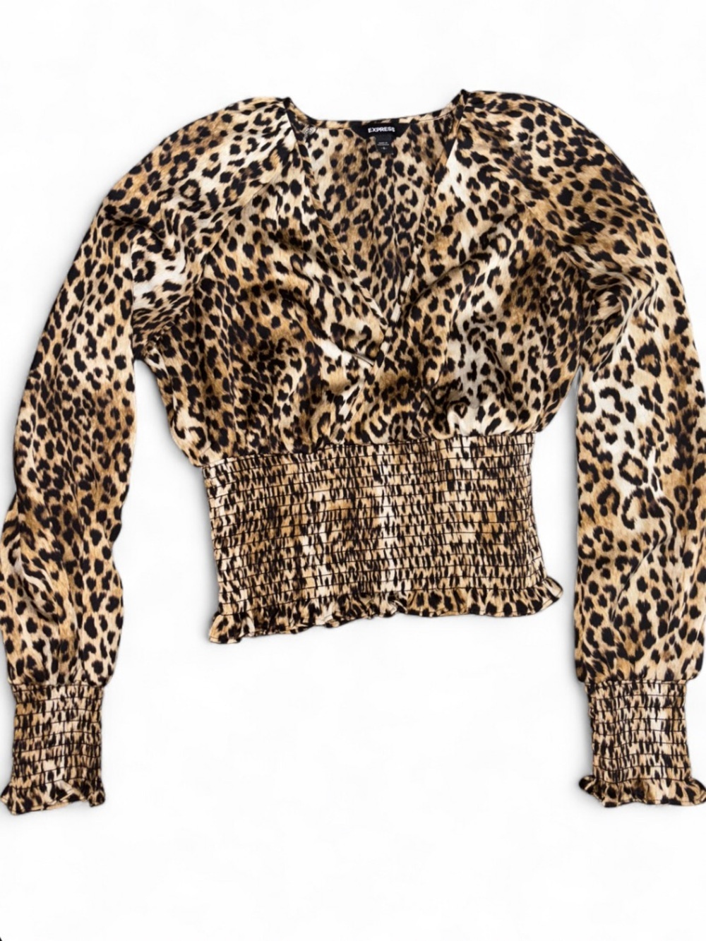Express Y2K V Neck Leopard Print Long Sleeve Smocked Waist Top - Brown/Tan/Black